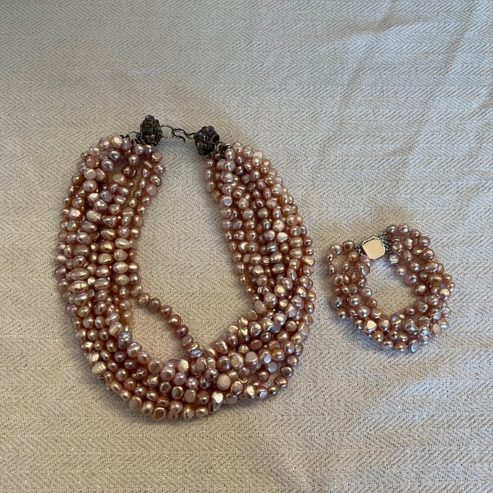 Pink pearl torsade necklace and bracelet